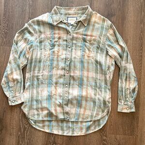 American Eagle Outfitters Plaid Button Down Flannel Shirt - Blue, Tan, Cream